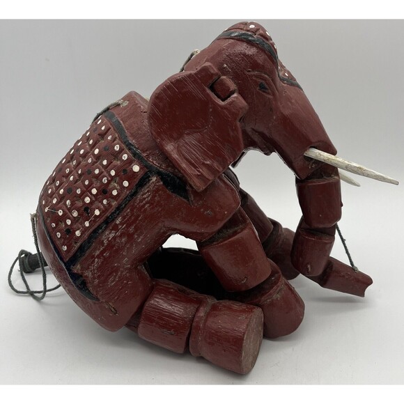 Vintage Painted Elephant Puppet With Removable Tusks Maroon Colored Decorated - Picture 3 of 6